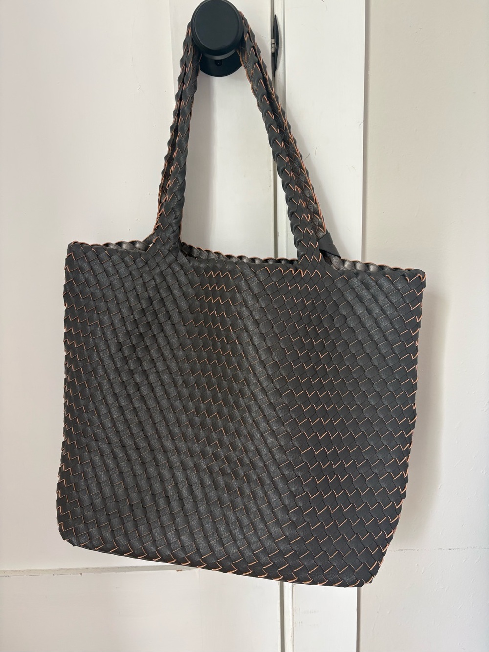 Ilse Jacobsen Black Woven Tote with Copper Accent Stitching